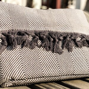 May include: A black and white chevron patterned throw pillow with a black tassel trim.