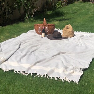 May include: A white picnic blanket with a gray stripe and fringe trim. A wicker picnic basket, a bottle of wine, two wine glasses, and two straw hats are on the blanket.