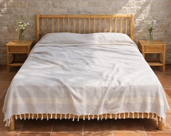 Modern Farmhouse Throw Blanket, Striped Turkish Cotton Fringed Coverlet, Smooth Bed End Cover, Aesthetic Quality Home Decor Accent