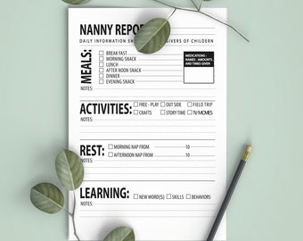 NANNY planner Printable 2020, nanny report, nanny log, nanny gift, nanny care, babysitter info, INSTANT DOWNLOAD