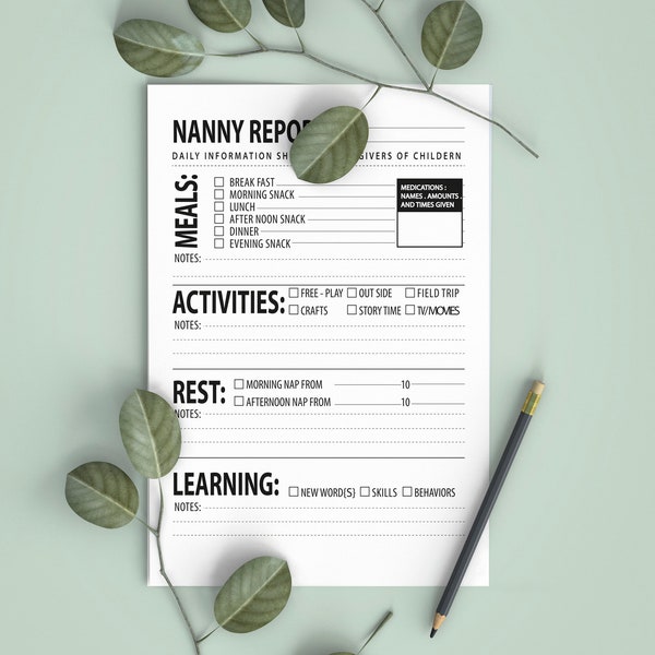 NANNY planner Printable 2020, nanny report, nanny log, nanny gift, nanny care, babysitter info, INSTANT DOWNLOAD