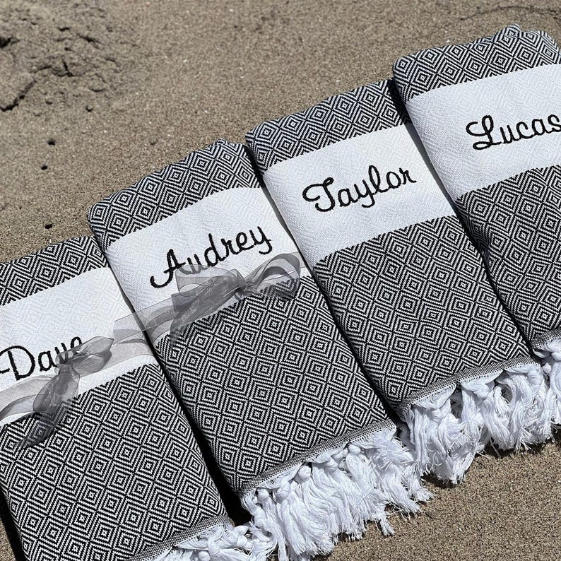 Personalized Turkish Beach Towel, Embroidered Wholesale Peshtemal, Bridesmaid Gift,Custom Name Beach Blanket, Bachelorette Party Favors Bulk