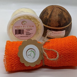 Natural Shea Butter Gift Set: African Soap, Coconut Shell, Bath Sponge