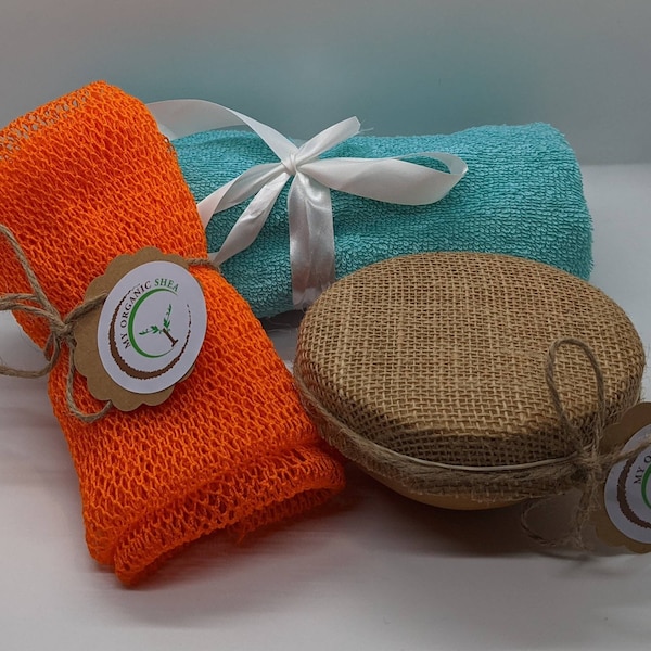 Calabash shea butter, exfoliating African bath sponge and soft hand towel elegant gift set