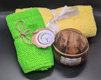 Exfoliating African bath sponge, African black soap (paste),  and luxurious soft hand towel unique gift.