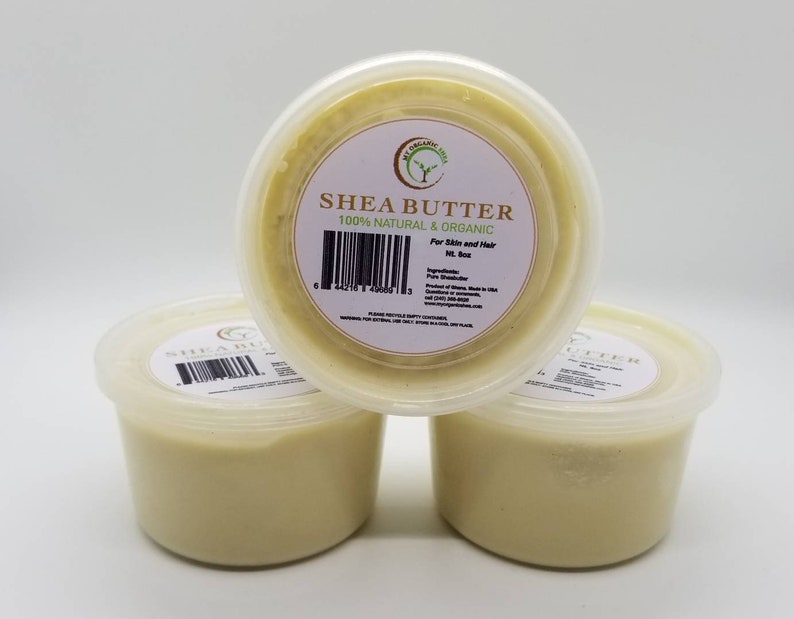 May include: Three white plastic tubs of shea butter, each with a label that reads "Shea Butter 100% Natural & Organic" and "For Skin and Hair".