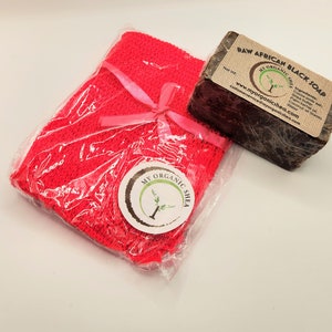 Afrikanischer Peeling-Badenetz-Schwamm (130 cm lang gestreckt) und Rohe afrikanische Seife 110 ml