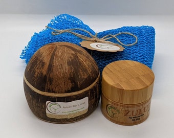Noix de coco/bambou Coffret hydratant au beurre de karité (ZULU), savon noir (citron) dans un récipient en coque de noix de coco et éponge de bain exfoliante africaine