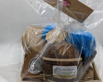 Shea butter in authentic calabash, and African black soap in handmade coconut shell, and exfoliating African  bath sponge Gift Set - Unique,