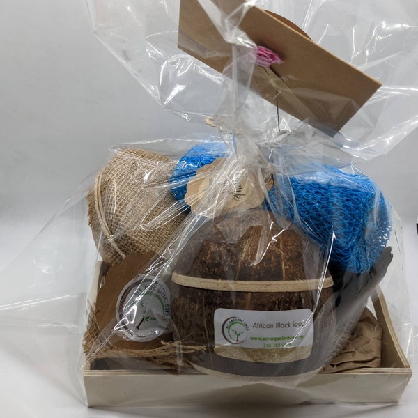 Shea butter in authentic calabash, and African black soap in handmade coconut shell, and exfoliating African  bath sponge Gift Set - Unique,
