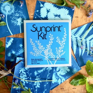 Op de afbeelding: Een Sunprint Kit met blauw-witte verpakking en verschillende cyanotypie prints van planten en bloemen. De kit bevat instructies en is omringd door botanische prints op blauw papier, met diverse plant- en bloemmotieven.
