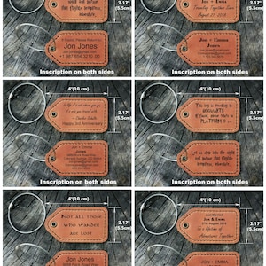 May include: Six brown leather luggage tags with metal rings. Each tag has a different inscription, including "Let us step into the night and pursue that flighty temptress, adventure", "To a lifetime of adventures together JON + EMMA Traveling Together Since August 27, 2018", "This bag is traveling to HOGWARTS If found, please return to PLATFORM 9 3/4", "Not all those who wander are lost", "Just Married JON & EMMA 27th August 2018 To a lifetime of Adventures Together", and "le life it's not where you go, it's who you travel with - Charles Schultz Happy 3rd Anniversary".