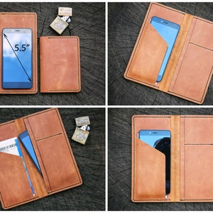 May include: A brown leather wallet with multiple pockets and a slot for a 5.5 inch phone. The wallet is 8 inches tall and has a stitched edge.