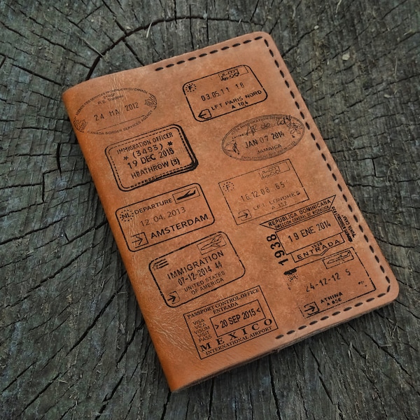 Leather Passport Cover Personalized, World Landmarks Stamps, Visa Travel Stamps, Custom Leather Passport Holder, Travel Wallet Passport Case