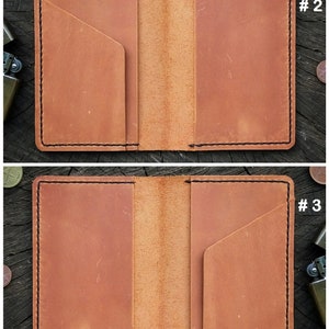 May include: Two open brown leather wallets with a single pocket on the left side and a larger pocket on the right side. The wallets are laid out on a wooden surface. The text #2 and #3 are visible in the top right and bottom right corners of the image.