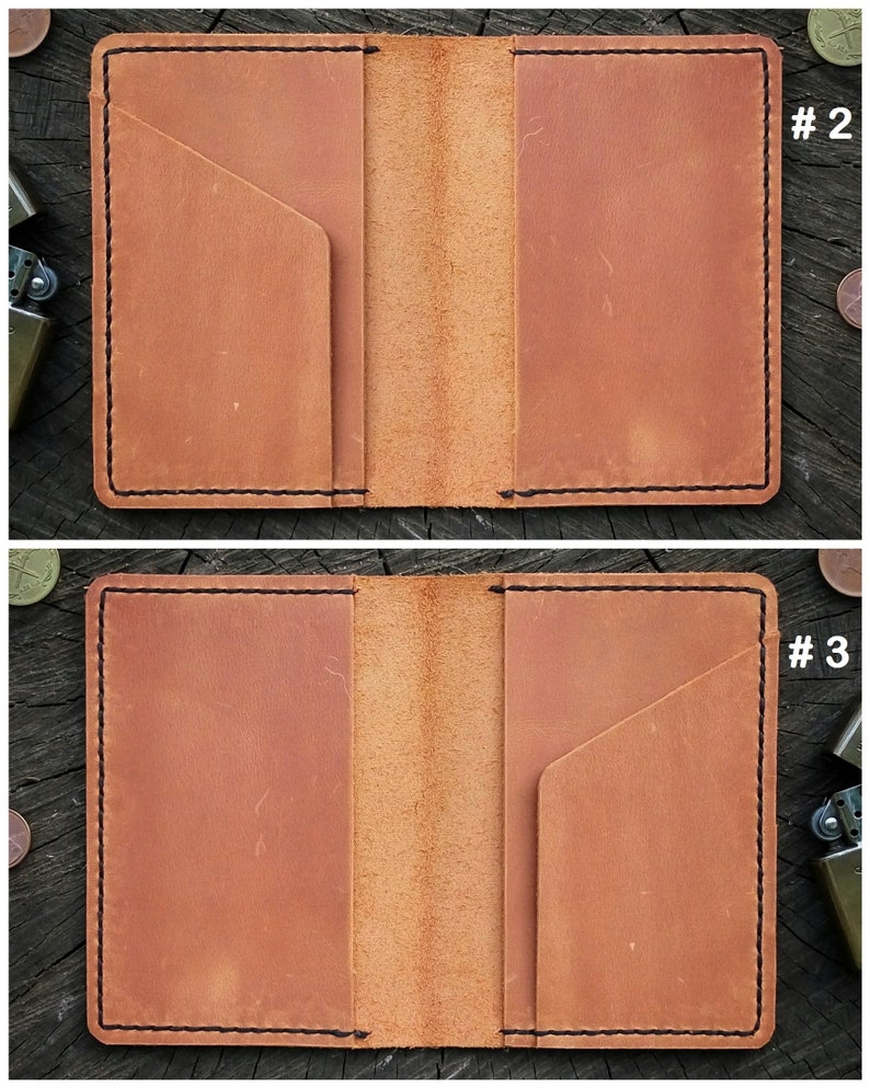 May include: Two open brown leather wallets with a single pocket on the left side and a larger pocket on the right side. The wallets are laid out on a wooden surface. The text #2 and #3 are visible in the top right and bottom right corners of the image.