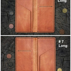 May include: Two brown leather long wallets with multiple pockets and a center fold. The wallets are labeled #6 Long and #7 Long.
