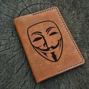 Guy Fawkes Mask Leather Passport Holder Personalized, Custom Leather Passport Cover, Passport Wallet, Travel Wallet, Leather Passport Case