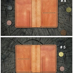 May include: Two open brown leather wallets with multiple pockets and stitching details. The wallets are laid out on a wooden surface. The first wallet is labeled #4 and the second wallet is labeled #5.
