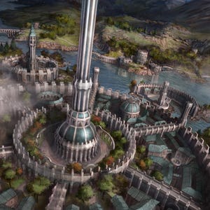 Puede incluir: Vista aérea de una ciudad de fantasía con una alta torre plateada en el centro. La ciudad está rodeada por una muralla y tiene muchos edificios con techos verdes. La ciudad está ubicada en un río y está rodeada de colinas.