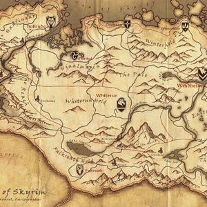 Mapa de Skyrim, inspirado en The Elder Scrolls V: Skyrim, 5000 x 2812 píxeles (16,6" x 9,3")