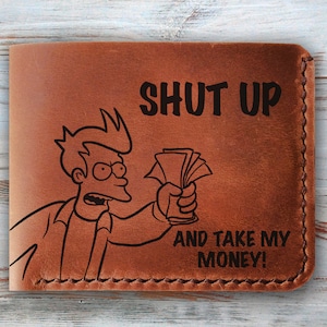 Cale a boca e pegue meu dinheiro Carteira masculina Futurama personalizada, carteira de couro Futurama, carteira de couro masculina, presente personalizado personalizado para homens