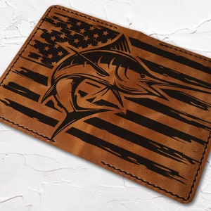 Funda para pasaporte personalizada con bandera de pesca, funda para pasaporte de piel de marlín, funda para pasaporte personalizada, billetera para pasaporte, billetera de viaje, funda para pasaporte
