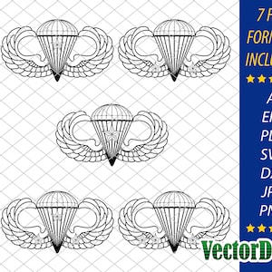 May include: A black and white line art illustration of a paratrooper badge with combat stars. The badge features a parachute with a star in the center, surrounded by wings. The text "PARACHUTIST BADGE - BASIC WITH COMBAT STARS" is on the left side of the image. The text "7 FILE FORMATS INCLUDED" is on the right side of the image.