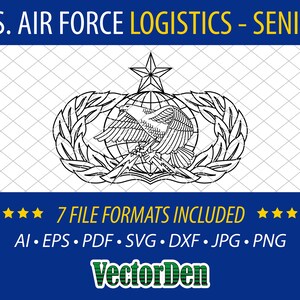 Op de afbeelding: Een zwart-witte lijntekening van de U.S. Air Force Logistics Senior Badge. De badge toont een wereldbol met een ster erboven, een vogel met uitgespreide vleugels en bliksemflitsen. De badge is omringd door een krans van bladeren.