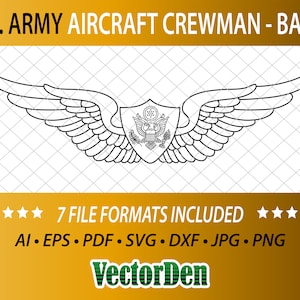 May include: Black and white line art illustration of a U.S. Army Aircraft Crewman badge. The badge features a stylized eagle with wings spread, a shield with the U.S. seal, and the text "U.S. ARMY AIRCRAFT CREWMAN - BASIC".