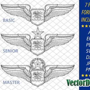 May include: A black and white line drawing of three US Air Force Observer Astronaut wings. The wings are labeled "Basic", "Senior", and "Master".