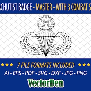 Parachutist Badge - Jump Wings - Master with 3 Combat Stars