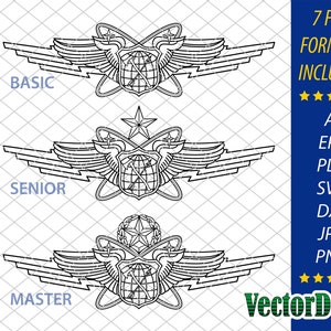 May include: Black and white line art illustration of three US Air Force Multi-Domain Warfare Officer badges. The badges are labeled "Basic", "Senior", and "Master".