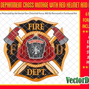 Fire Department Cross Vintage with Red Helmet and Axes