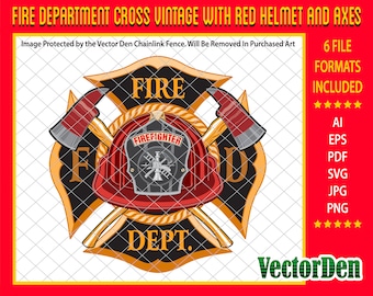 Fire Department Cross Vintage with Red Helmet and Axes