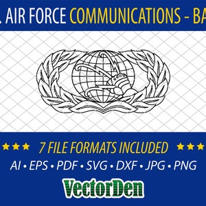 Könnte beinhalten: Schwarz-weiß-Linienzeichnung des Abzeichens der US Air Force Communications. Das Abzeichen zeigt einen Globus mit Blitzen und einer Hand, die einen Schraubenschlüssel hält. Der Globus ist von einem Lorbeerkranz umgeben.