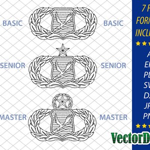 May include: Black and white line art illustration of three different versions of the United States Air Force Chapel Management badge. The badges are labeled "Basic", "Senior", and "Master".