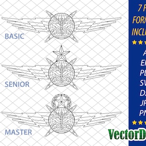 May include: A black and white line art illustration of three different U.S. Air Force Cyberspace Operator badges. The badges are labeled "Basic", "Senior", and "Master".