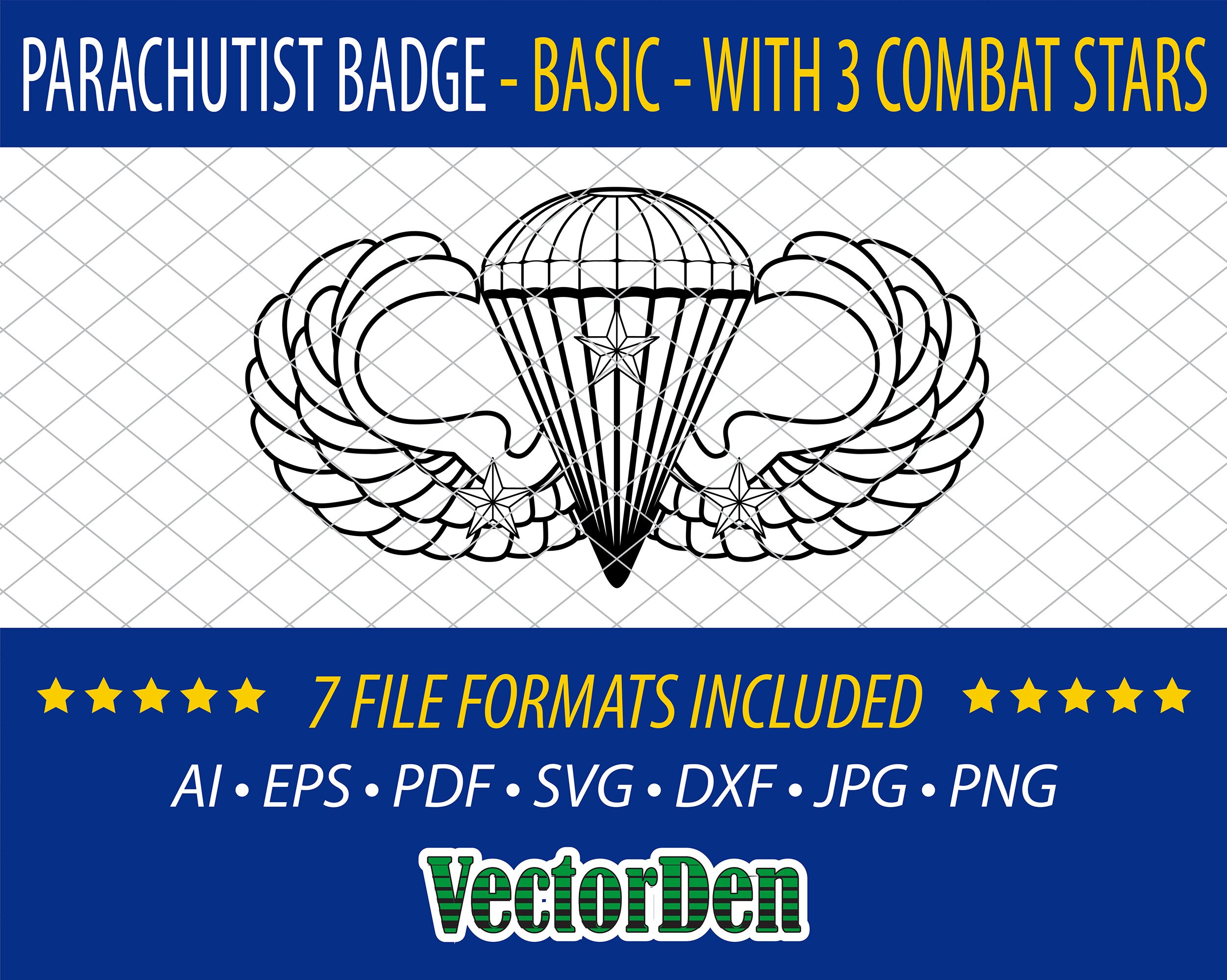 Parachutist Badge - Jump Wings - Basic with 3 Combat Stars