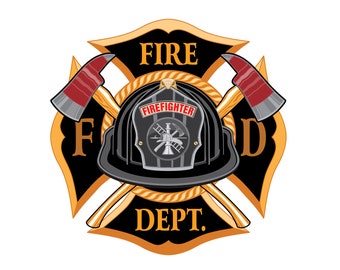 Fire Department Cross Vintage with Fireman Black Helmet and Axes