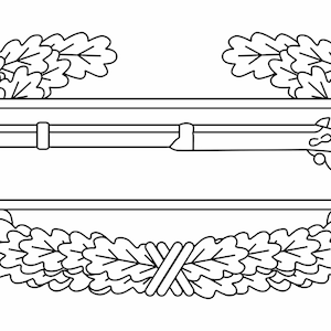 May include: A black and white line drawing of a military award, the Army Marksmanship Qualification Badge. The badge features a rifle and a wreath of oak leaves.