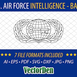 Op de afbeelding: Een zwart-witte lijntekening van de US Air Force Intelligence Basic Badge. Het badge toont een wereldbol met een sleutel erin, omringd door een lauwerkrans.