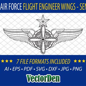 May include: Black and white line art illustration of a U.S. Air Force Flight Engineer Senior Wings. The wings have a propeller and a star in the center.