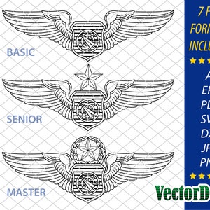 May include: A set of three black and white line drawings of US Air Force Weapons Controller Officer wings. The wings are labeled "Basic", "Senior", and "Master".