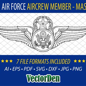 Könnte beinhalten: Eine Schwarzweiß-Zeichnung von U.S. Air Force Aircrew Member Master-Flügeln. Die Flügel sind ein Symbol für die Leistung von Flugbesatzungsmitgliedern, die eine bestimmte Ausbildung und Erfahrung abgeschlossen haben.