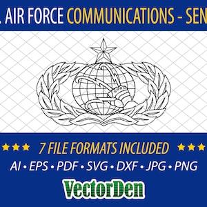 Könnte beinhalten: Eine Schwarzweiß-Vektorillustration des U.S. Air Force Communications Senior Abzeichens. Das Abzeichen zeigt einen Globus mit Blitzen und einen Stern darüber. Das Abzeichen ist von einem Lorbeerkranz umgeben.