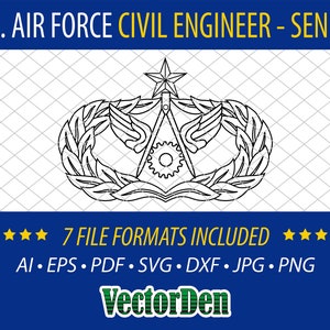 May include: A black and white line drawing of the U.S. Air Force Civil Engineer Senior badge. The badge features a wreath of leaves, a compass, a gear, and a star.