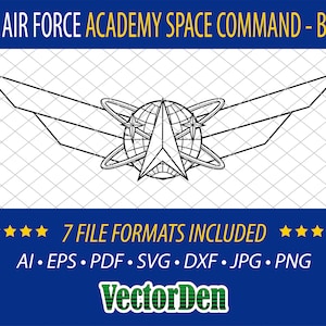 May include: A black and white line art illustration of the U.S. Air Force Academy Space Command logo. The logo features a stylized star with wings and a globe with a ring around it.