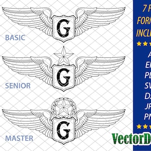 May include: Three black and white illustrations of US Air Force G-Wing patches. The top patch is labeled "Basic", the middle patch is labeled "Senior", and the bottom patch is labeled "Master".