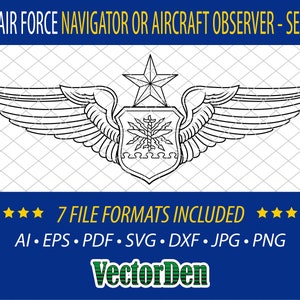 May include: A black and white line drawing of a U.S. Air Force Navigator or Aircraft Observer Senior wing patch. The patch features a stylized wing with a star and a shield with a compass rose and a caduceus.